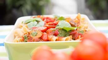 Penne Pasta with Napolitana Sauce and Burst Cherry Tomatoes